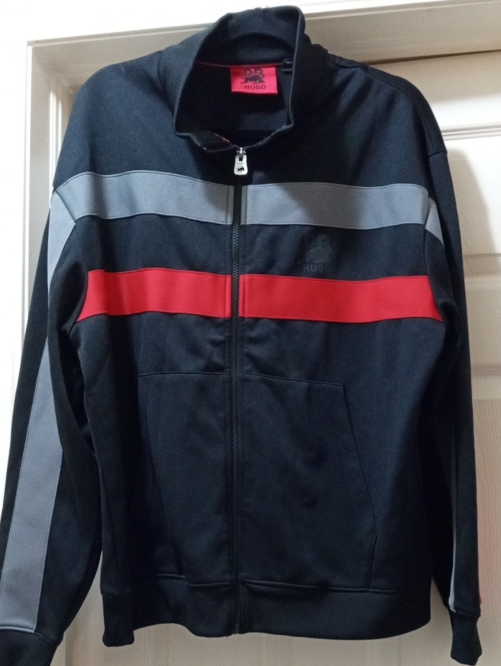 Hugo Black Track Jacket with Gray & Red Stripes